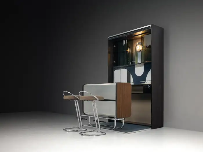 Italian Bar Unit with Cabinets and Bar Stools