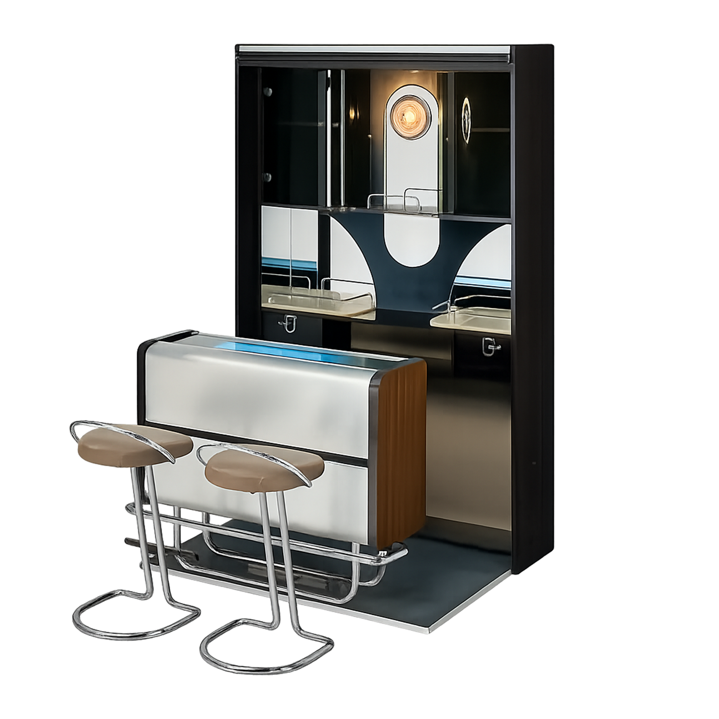 Italian Bar Unit with Cabinets and Bar Stools