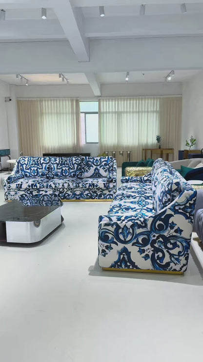 Blue & White Luxury Printed Modular Sofa